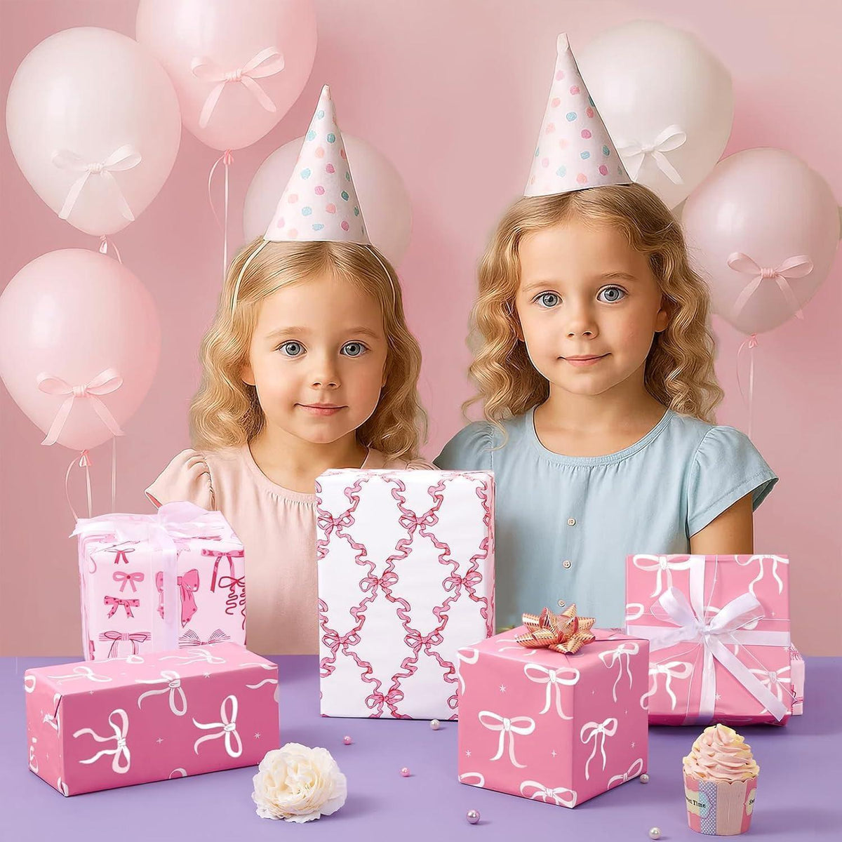 Rosa Geschenkpapier mit Schleife – 3 Rollen für Mädchen