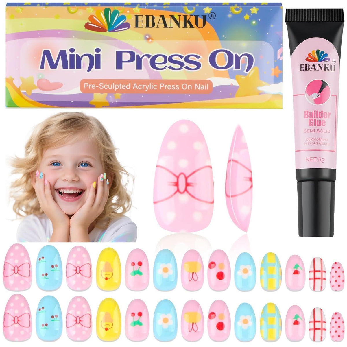 26er Set Kinder Press On Nägel – Mandelform für Mädchen 6-10 Jahre