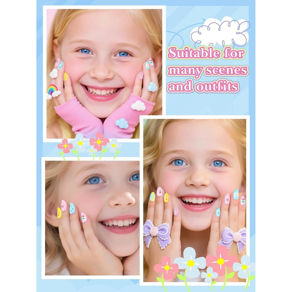 26er Set Kinder Press On Nägel – Mandelform für Mädchen 6-10 Jahre