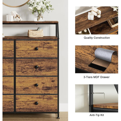 Kommode 8 Schubladen Vintagebraun mit Regal & Holzplatten