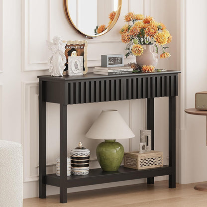 Schmaler Konsolentisch mit 2 Schubladen – Moderner Fluted-Tisch Schwarz