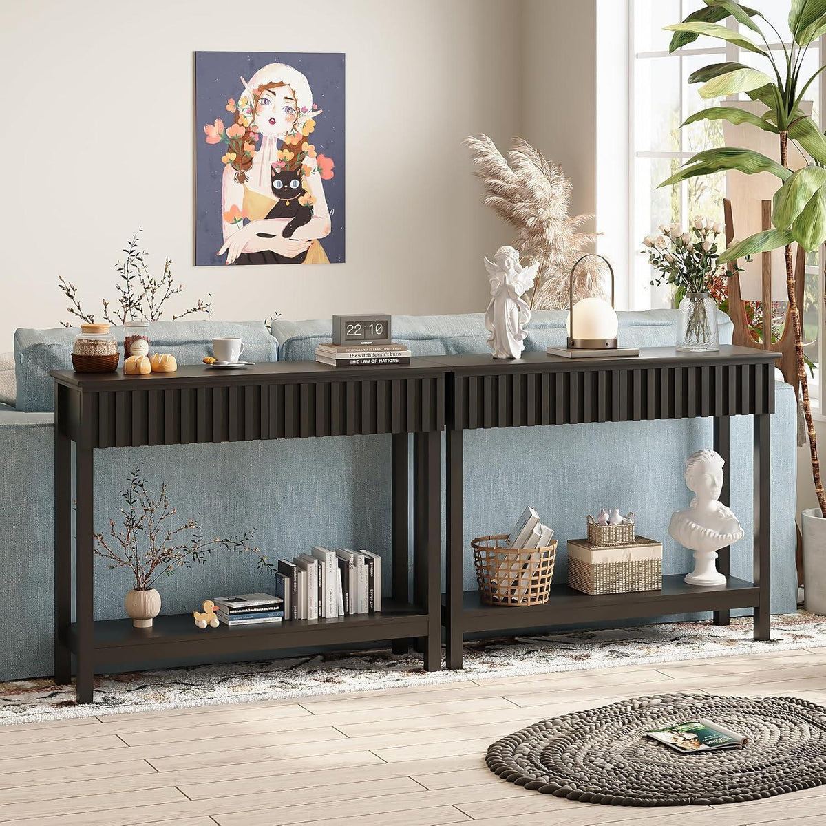 Schmaler Konsolentisch mit 2 Schubladen – Moderner Fluted-Tisch Schwarz