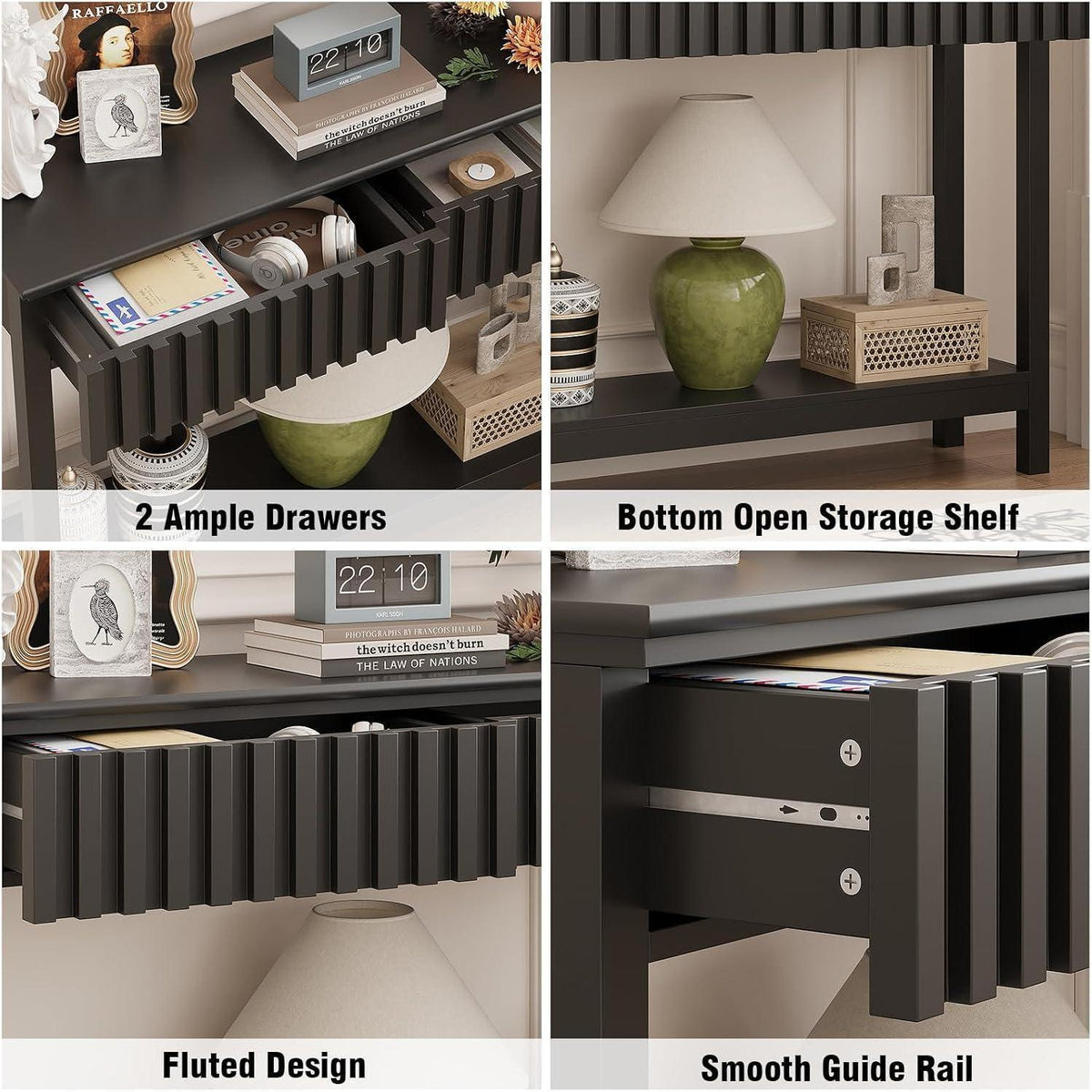 Schmaler Konsolentisch mit 2 Schubladen – Moderner Fluted-Tisch Schwarz