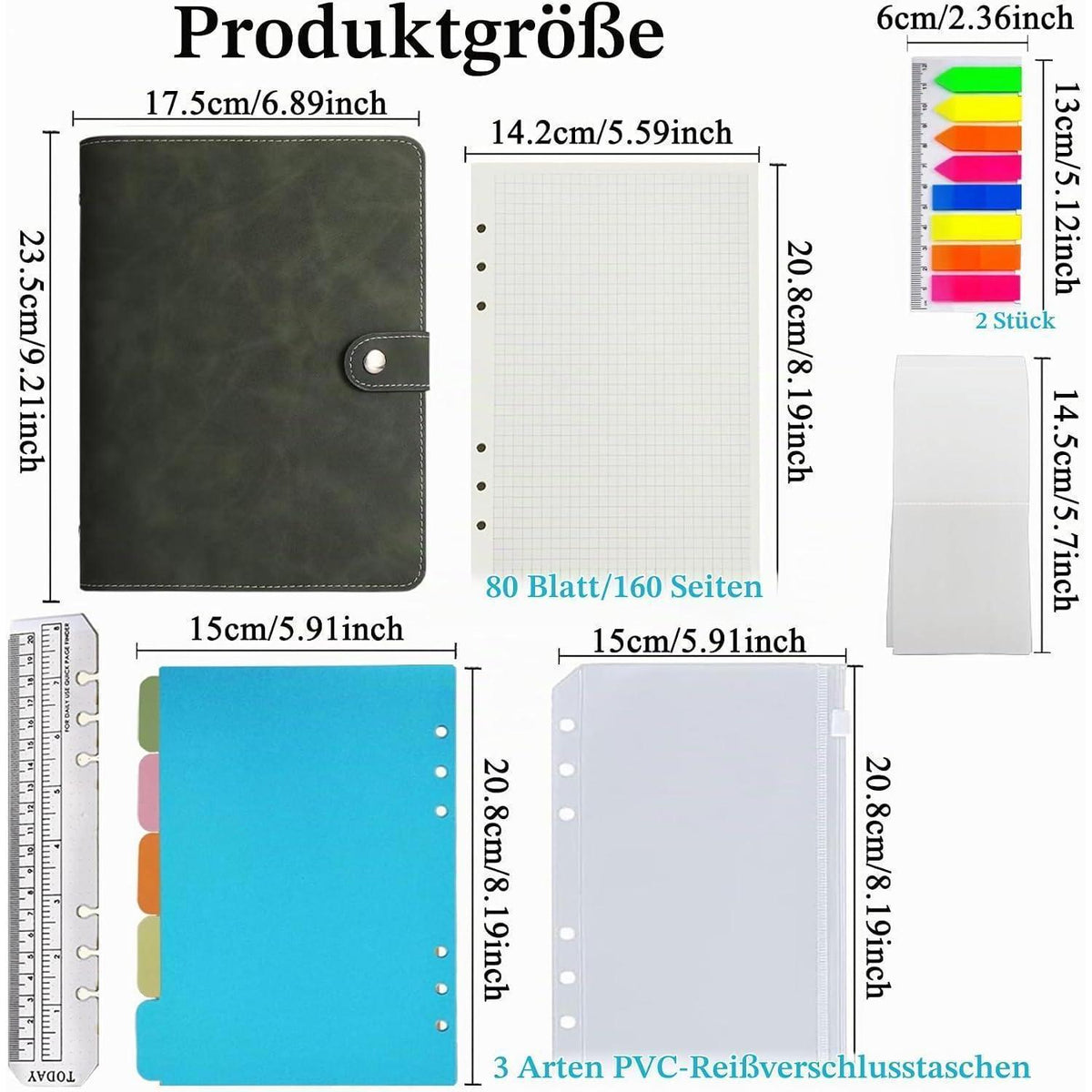 A5 Notizbuch Binder – Olivgrün Kariert, Nachfüllbar in Lederoptik