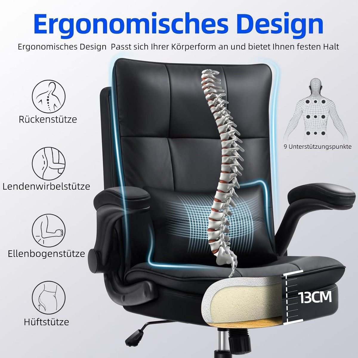 Ergonomischer Bürostuhl mit hoher Rückenlehne und Wippfunktion