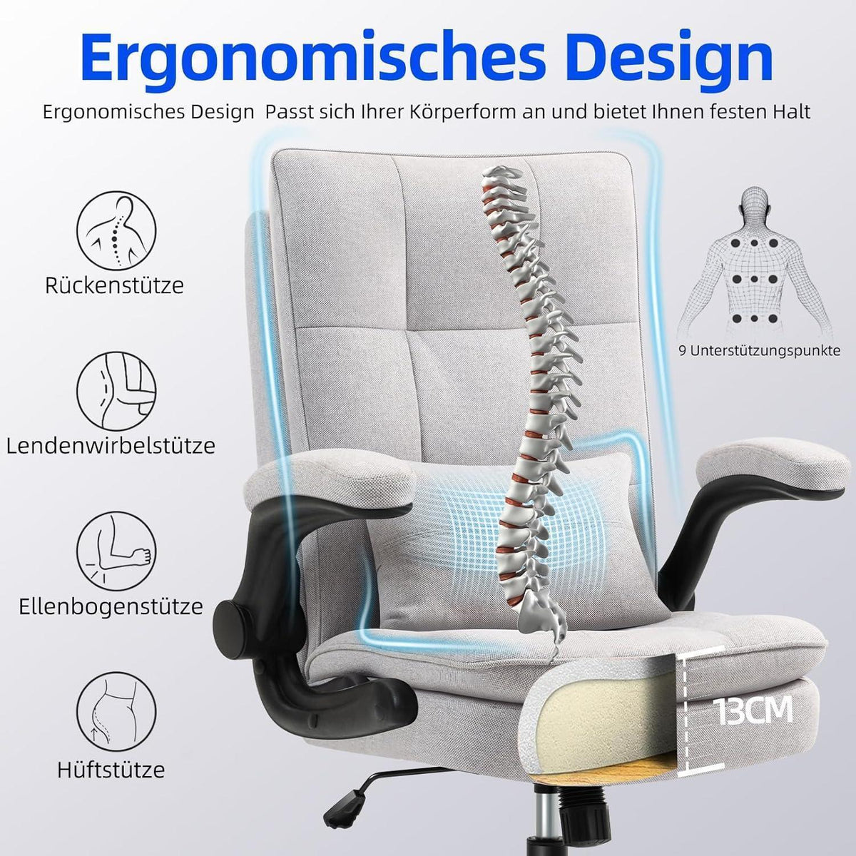 Ergonomischer Bürostuhl mit hoher Rückenlehne und Wippfunktion, Grau