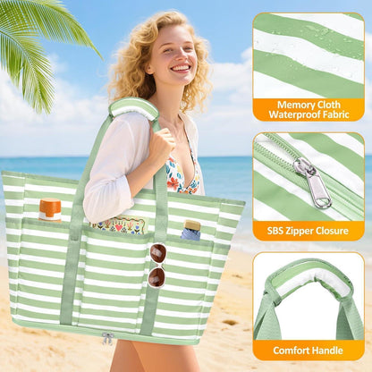 Große Strandtasche mit Reißverschluss, 45L, sandabweisend, faltbar, Smaragdgrün