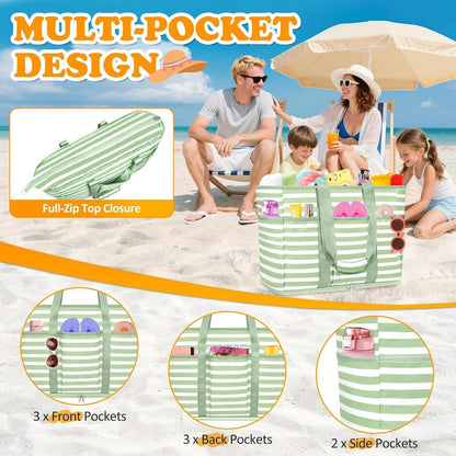 Große Strandtasche mit Reißverschluss, 45L, sandabweisend, faltbar, Smaragdgrün