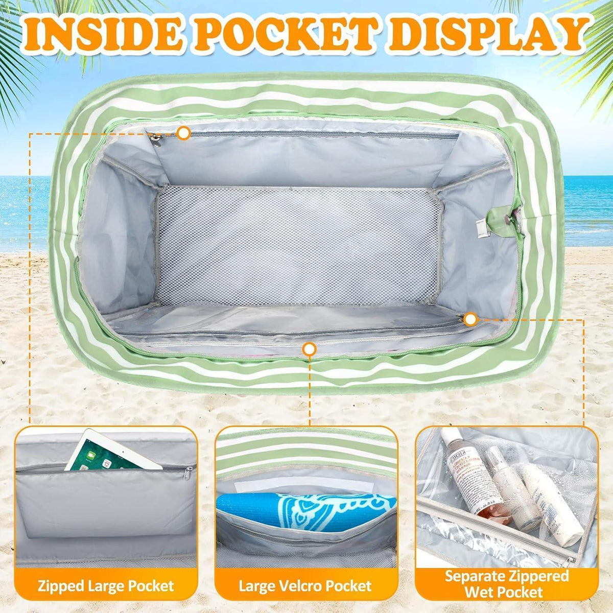Große Strandtasche mit Reißverschluss, 45L, sandabweisend, faltbar, Smaragdgrün