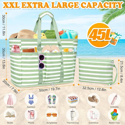 Große Strandtasche mit Reißverschluss, 45L, sandabweisend, faltbar, Smaragdgrün