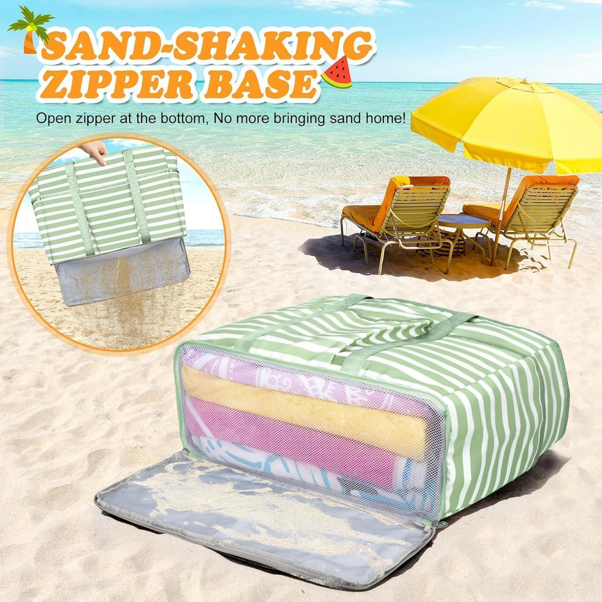 Große Strandtasche mit Reißverschluss, 45L, sandabweisend, faltbar, Smaragdgrün