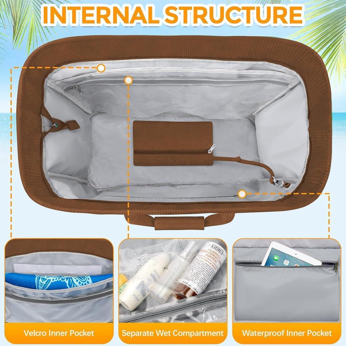 Große Strandtasche mit Reißverschluss, 45L, Cord-Kaffee