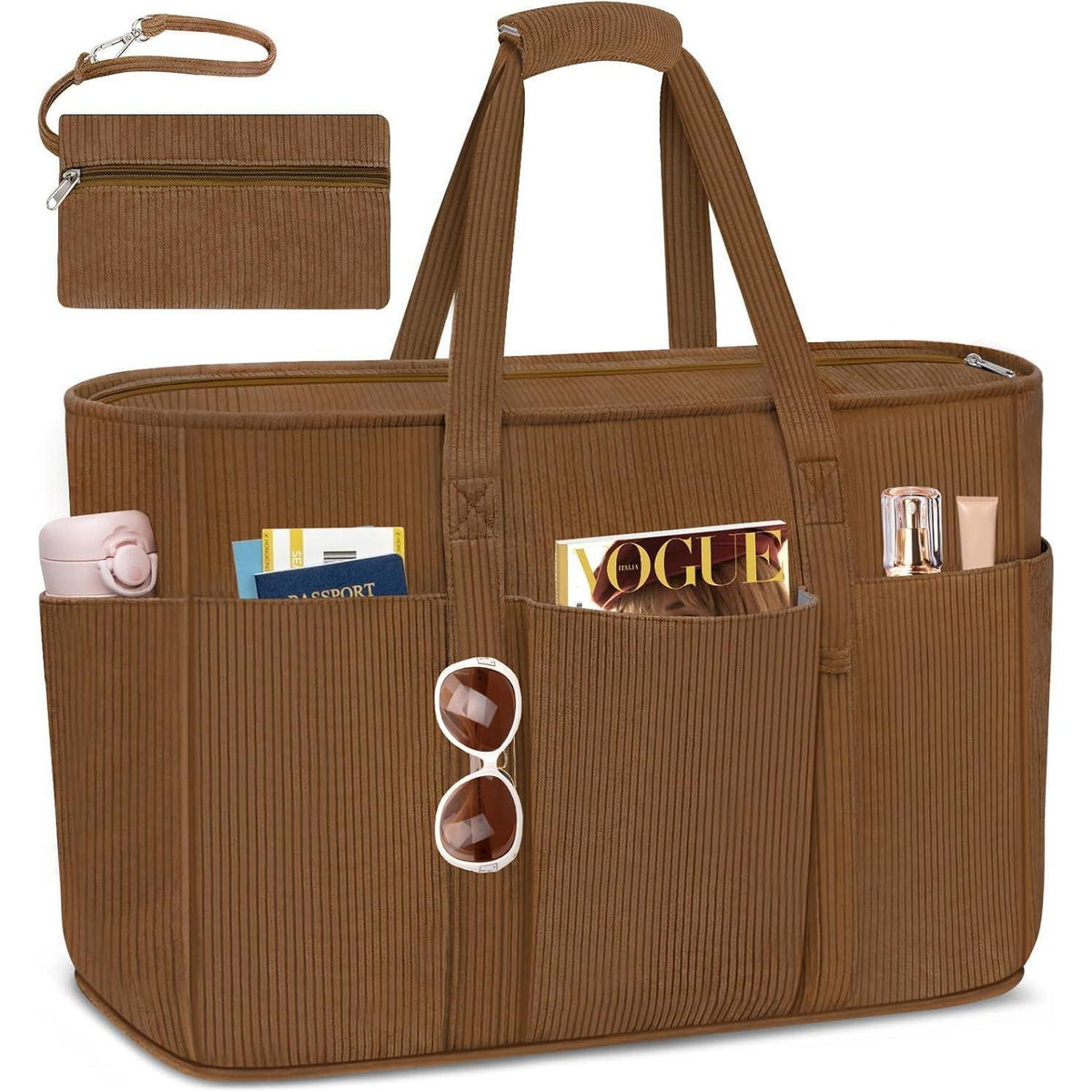 Große Strandtasche mit Reißverschluss, 45L, Cord-Kaffee