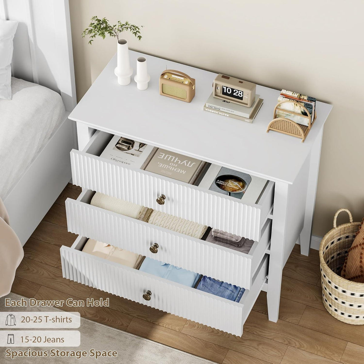 Weiße Kommode mit 3 Schubladen – 80cm breit, Schlafzimmer Möbel