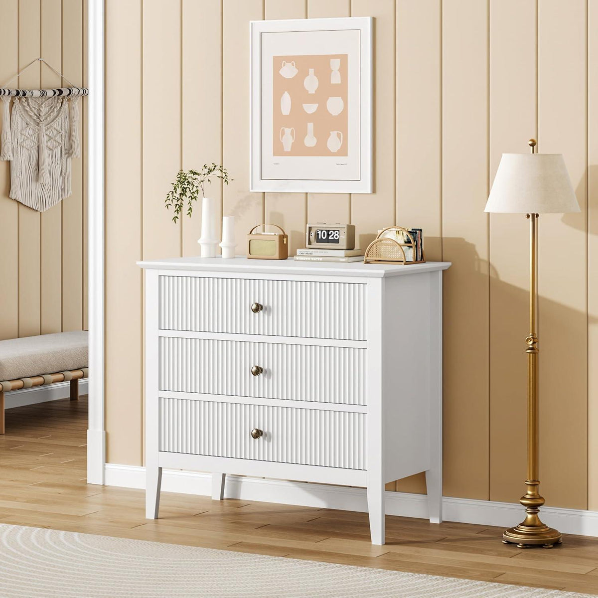 Weiße Kommode mit 3 Schubladen – 80cm breit, Schlafzimmer Möbel
