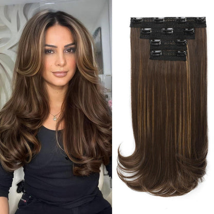 Clip-in Haarverlängerung dunkelbraun mit Strähnchen, 40cm