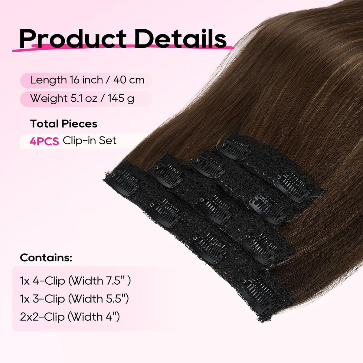 Clip-in Haarverlängerung dunkelbraun mit Strähnchen, 40cm