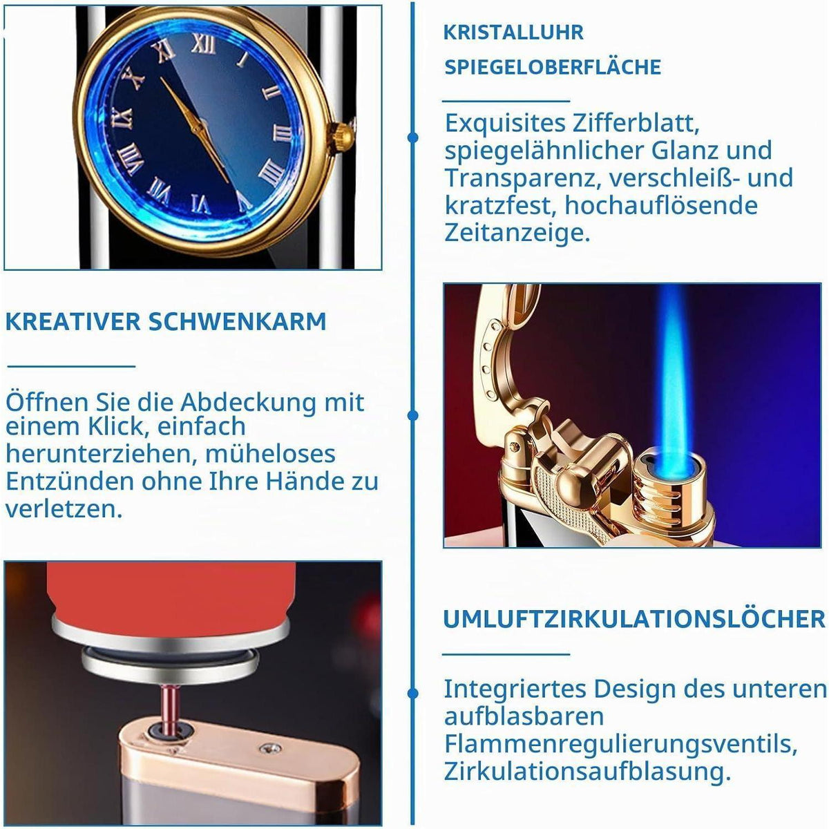 2x Jet Feuerzeug mit Uhr, Winddicht & Nachfüllbar