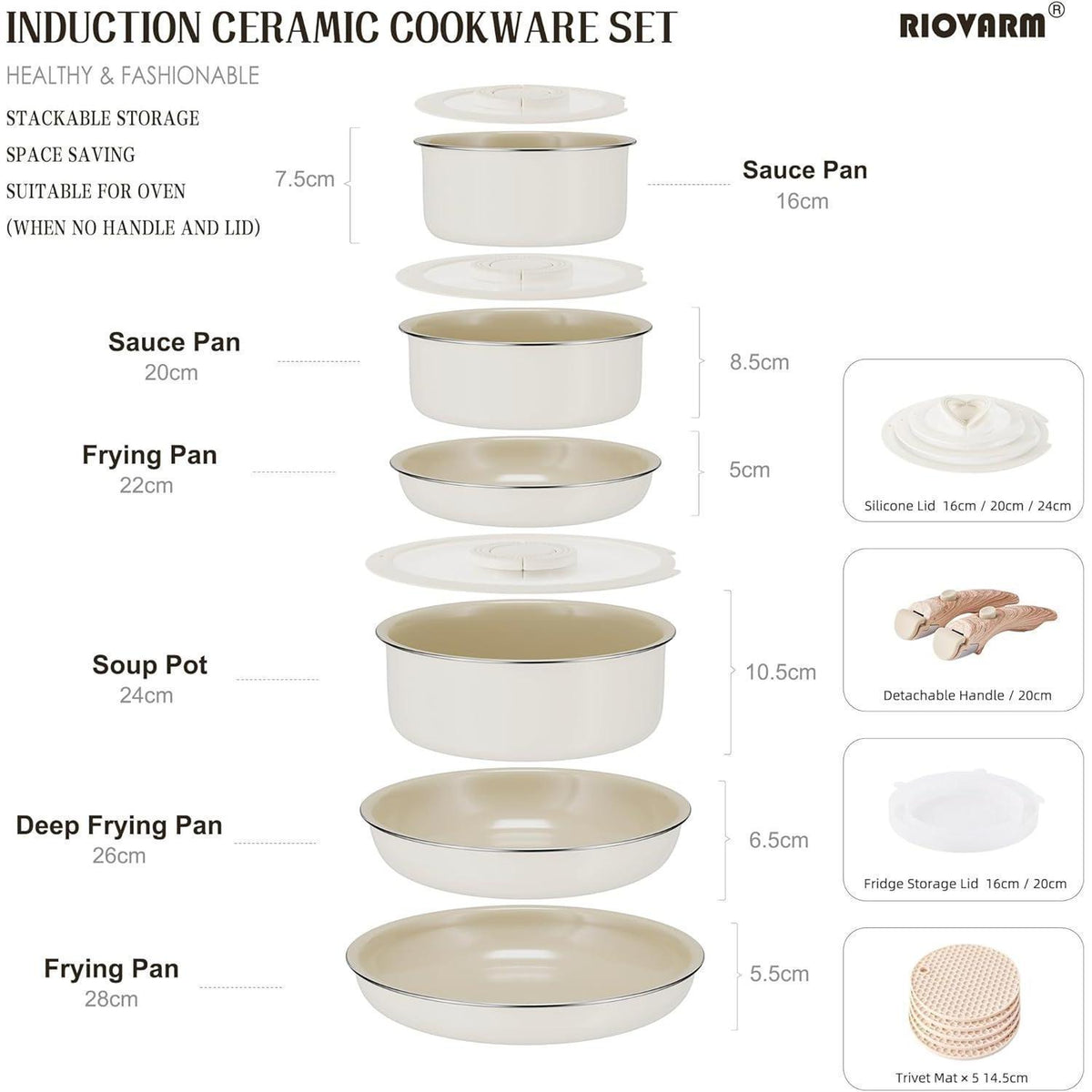 Induktions-Kochgeschirr-Set mit abnehmbaren Griffen, Keramik Antihaft