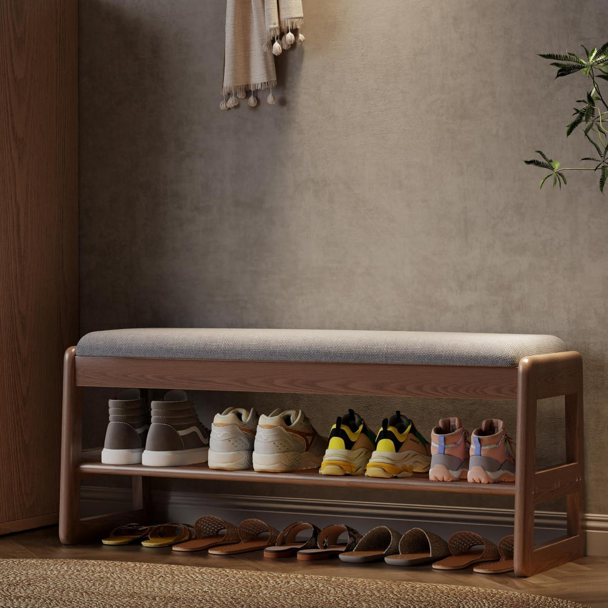 Holz Schuhregal Bank mit Kissen & Stauraum 100cm Walnuss