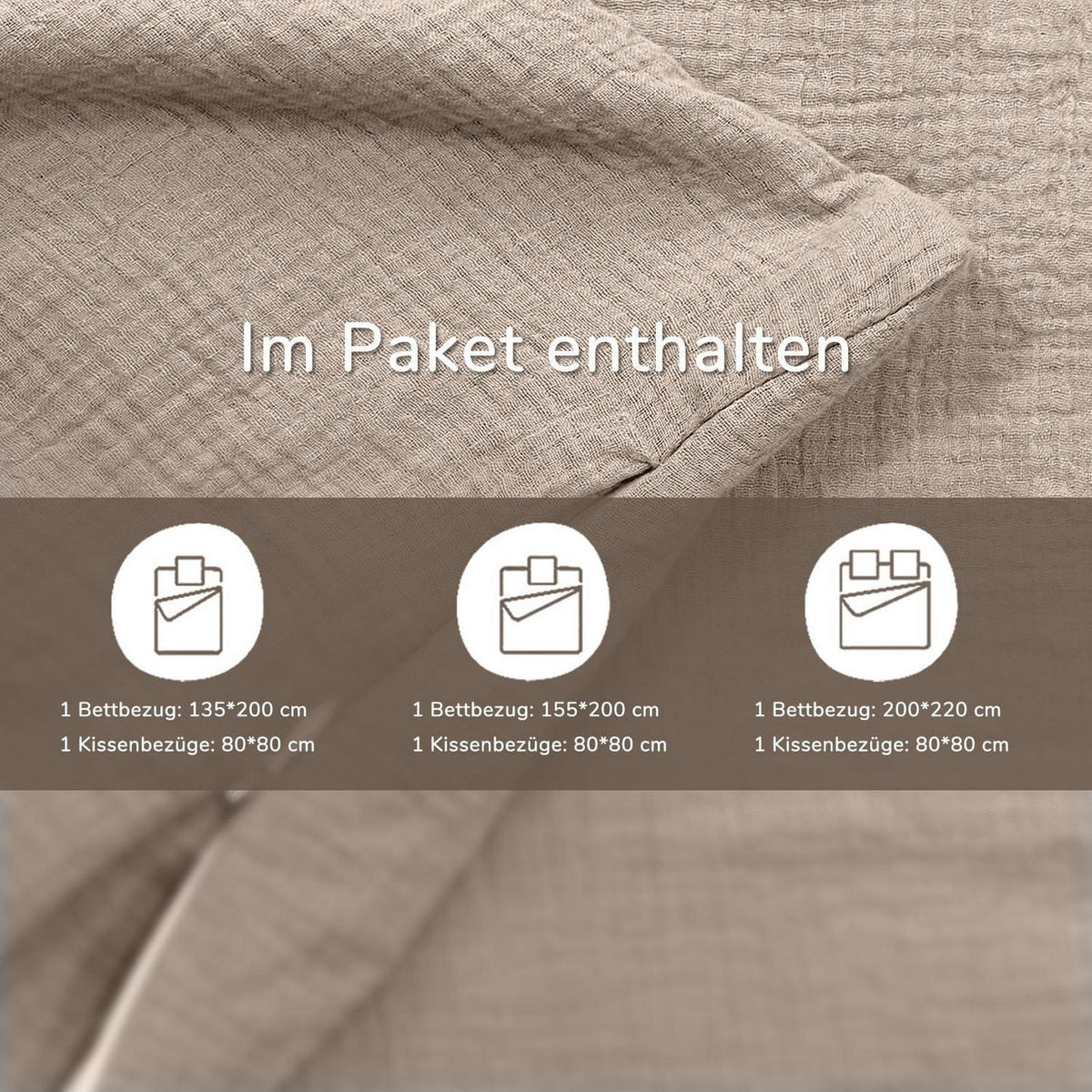 Musselin Bettwäsche Set 200x220 cm Helles Khaki 3-teilig