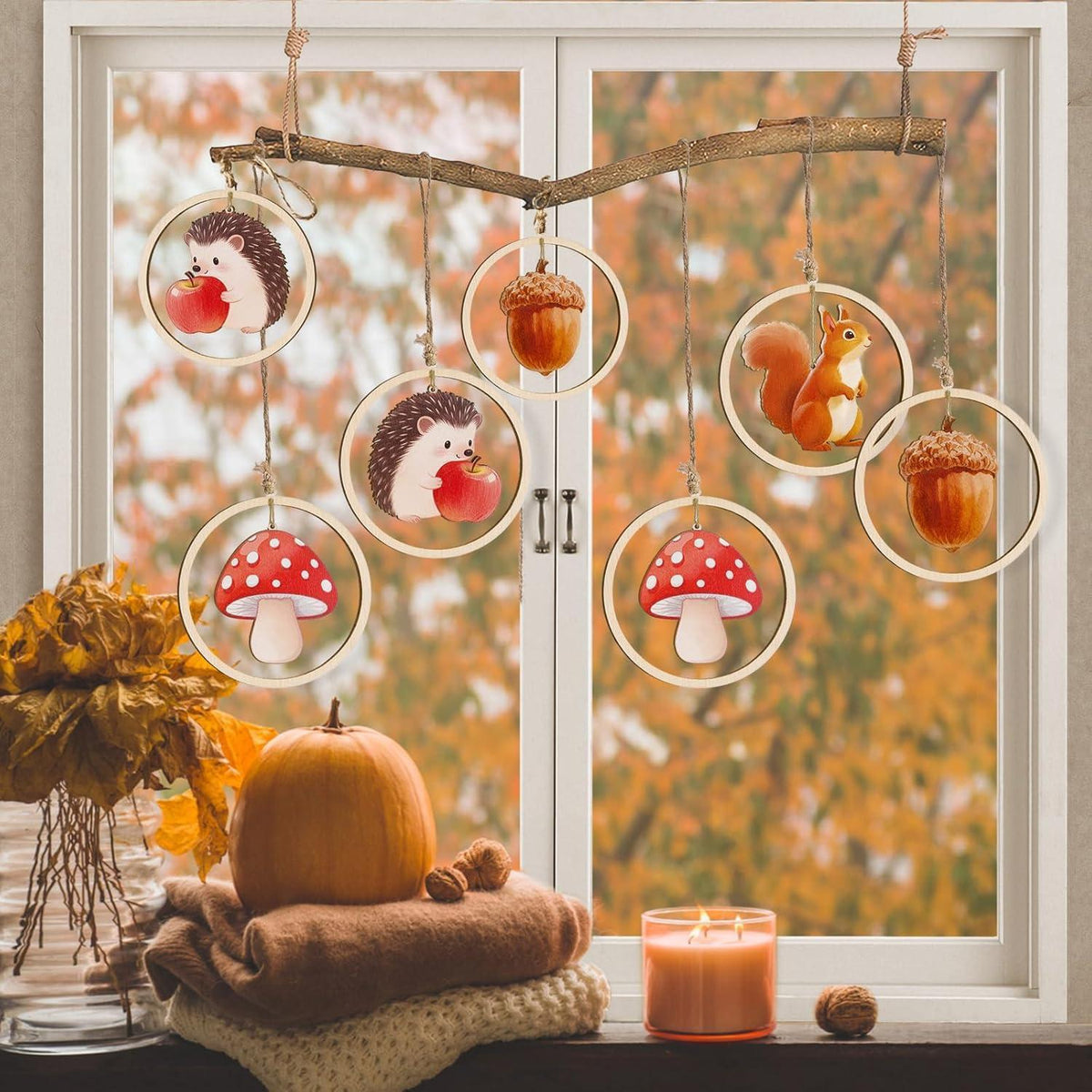 12er Herbst Holzanhänger Deko – Tiere, Pilze & Juteseil