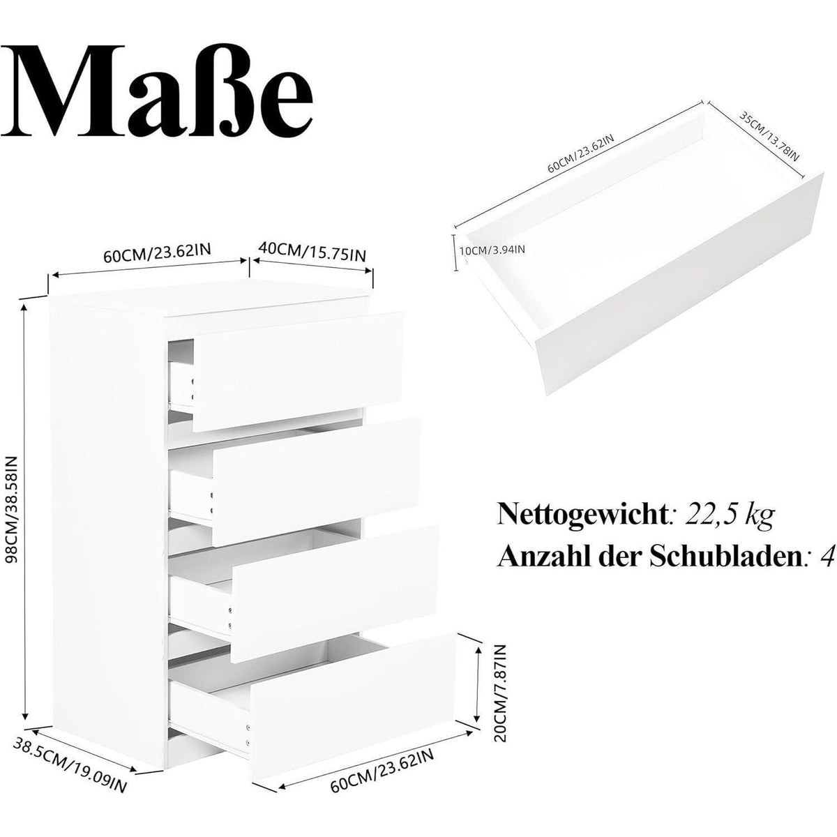 Weißer Kommodenschrank 60cm mit 4 Schubladen