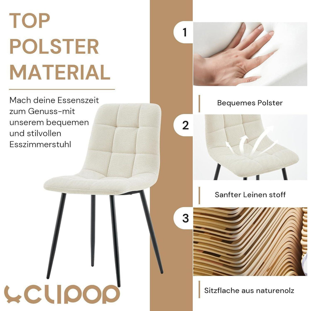 Esszimmerstühle Set 6er Chenille Beige, Gepolstert & Modern