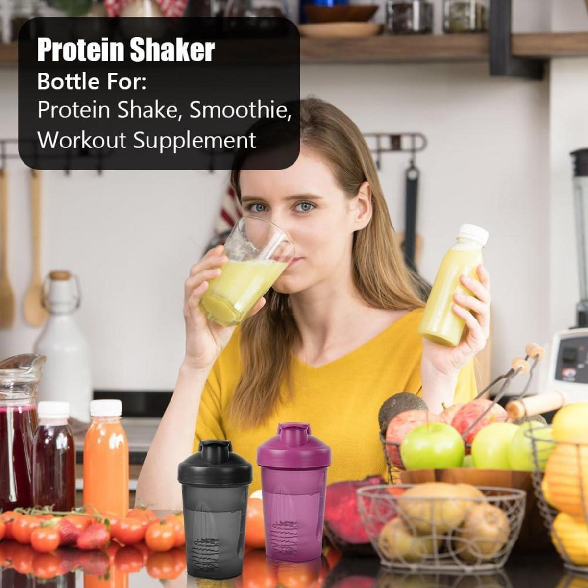 Protein Shaker 400ml mit Edelstahl-Mischkugel Schwarz+Lila