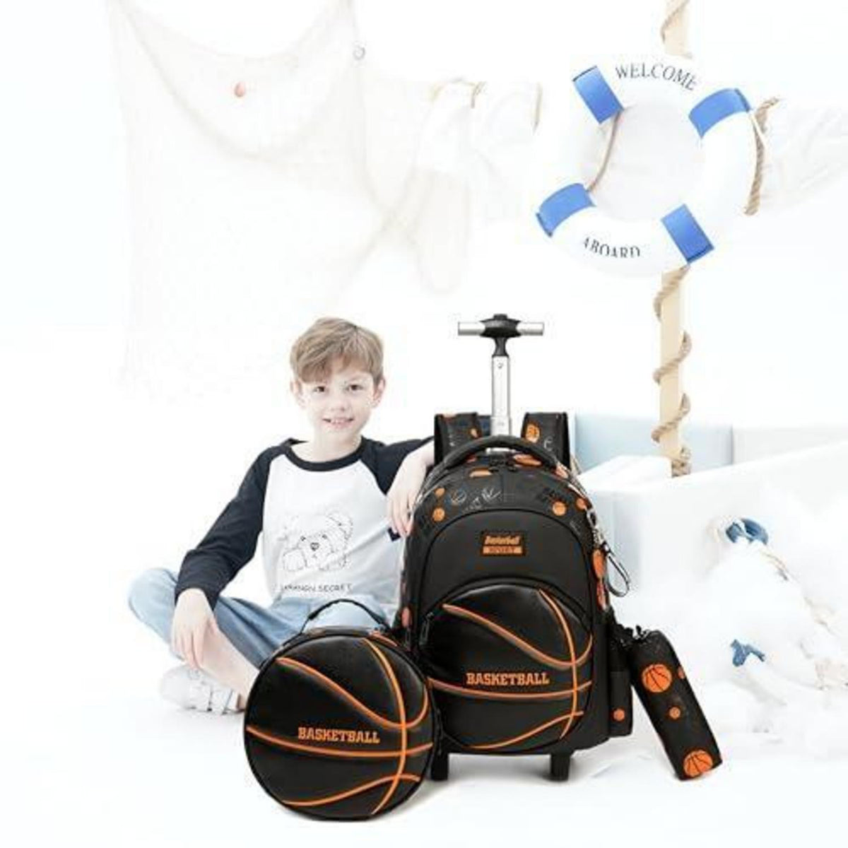 Schultrolley Rucksack Kinder Schwarz Basketball