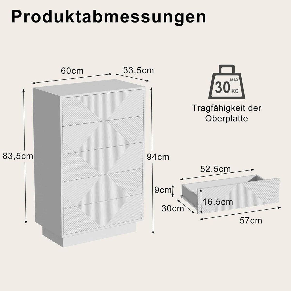 5-Schubladen Kommode Weiß – Schmale Aufbewahrung für Schlaf- & Wohnzimmer