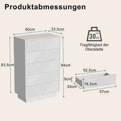 5-Schubladen Kommode Weiß – Schmale Aufbewahrung für Schlaf- & Wohnzimmer