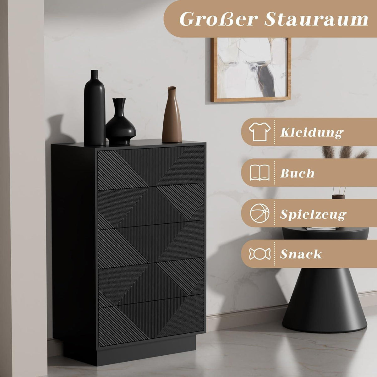 Schmale Kommode mit 5 Schubladen | Schwarz | Wohnzimmer Schlafzimmer