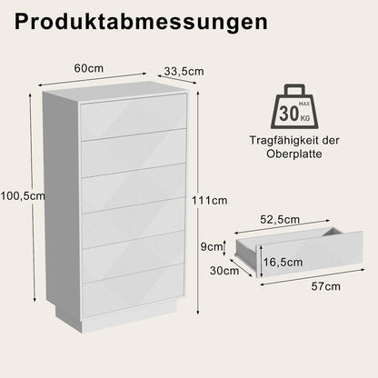 Kommode mit 6 Schubladen | Weiß | Schmaler Mehrzweckschrank