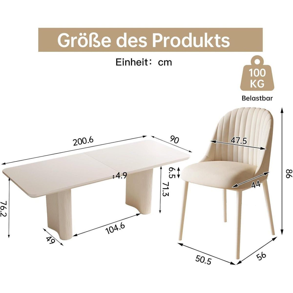 Esszimmer Set 5-teilig – 200cm Esstisch mit weißen Stühlen