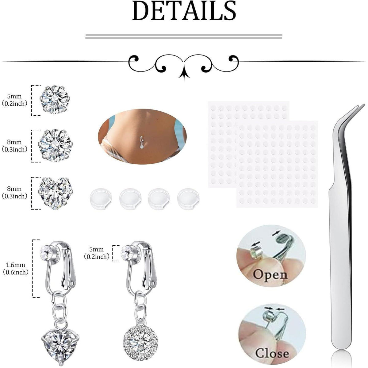 Fake Bauchnabelpiercing Clip On Schmetterling Herz Mond Chirurgenstahl Silber