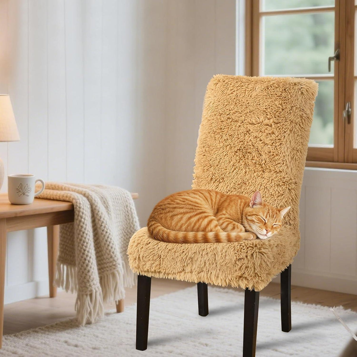 Hochflor Stuhlhussen 6er Set – Camel | Stretch & Waschbar