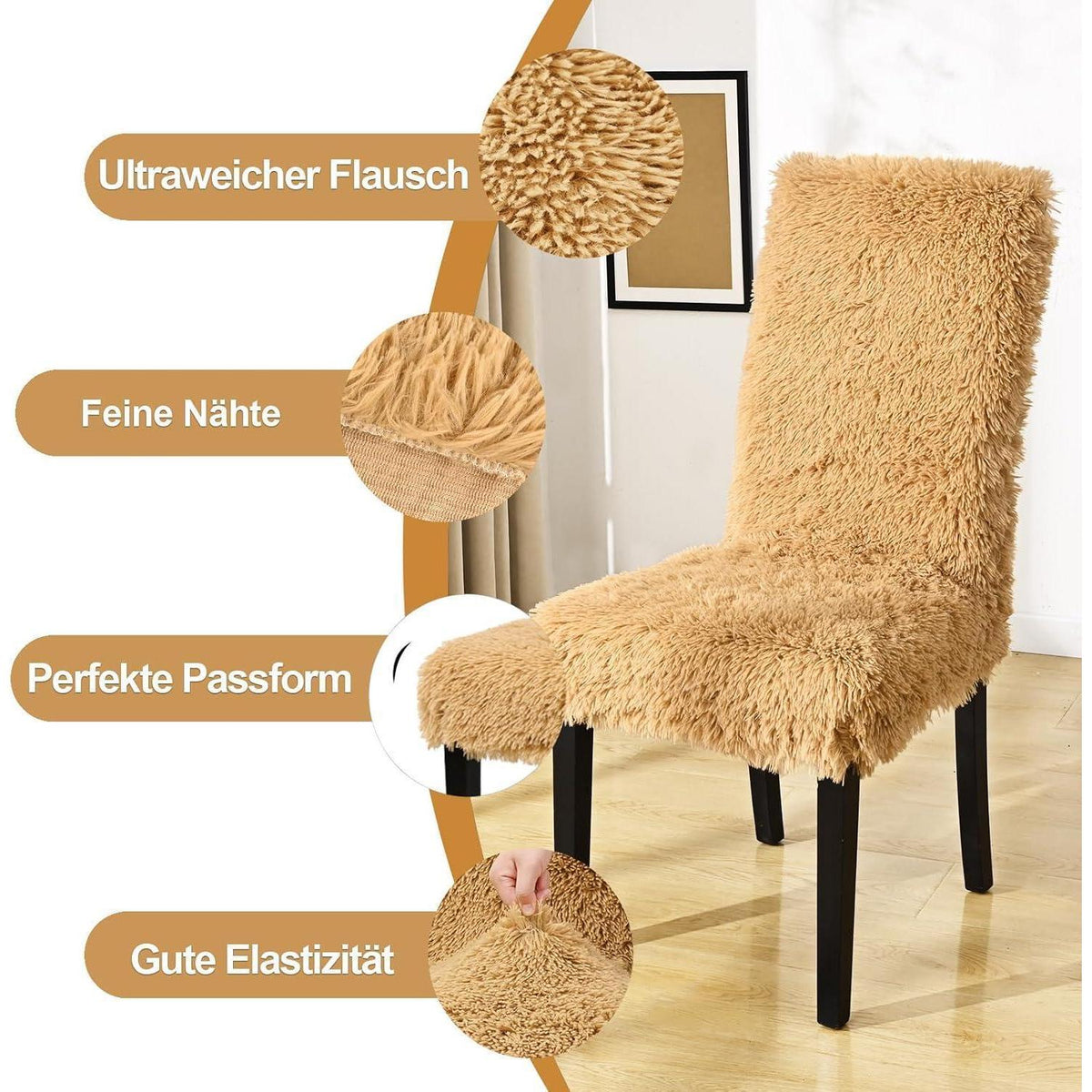 Hochflor Stuhlhussen 6er Set – Camel | Stretch & Waschbar