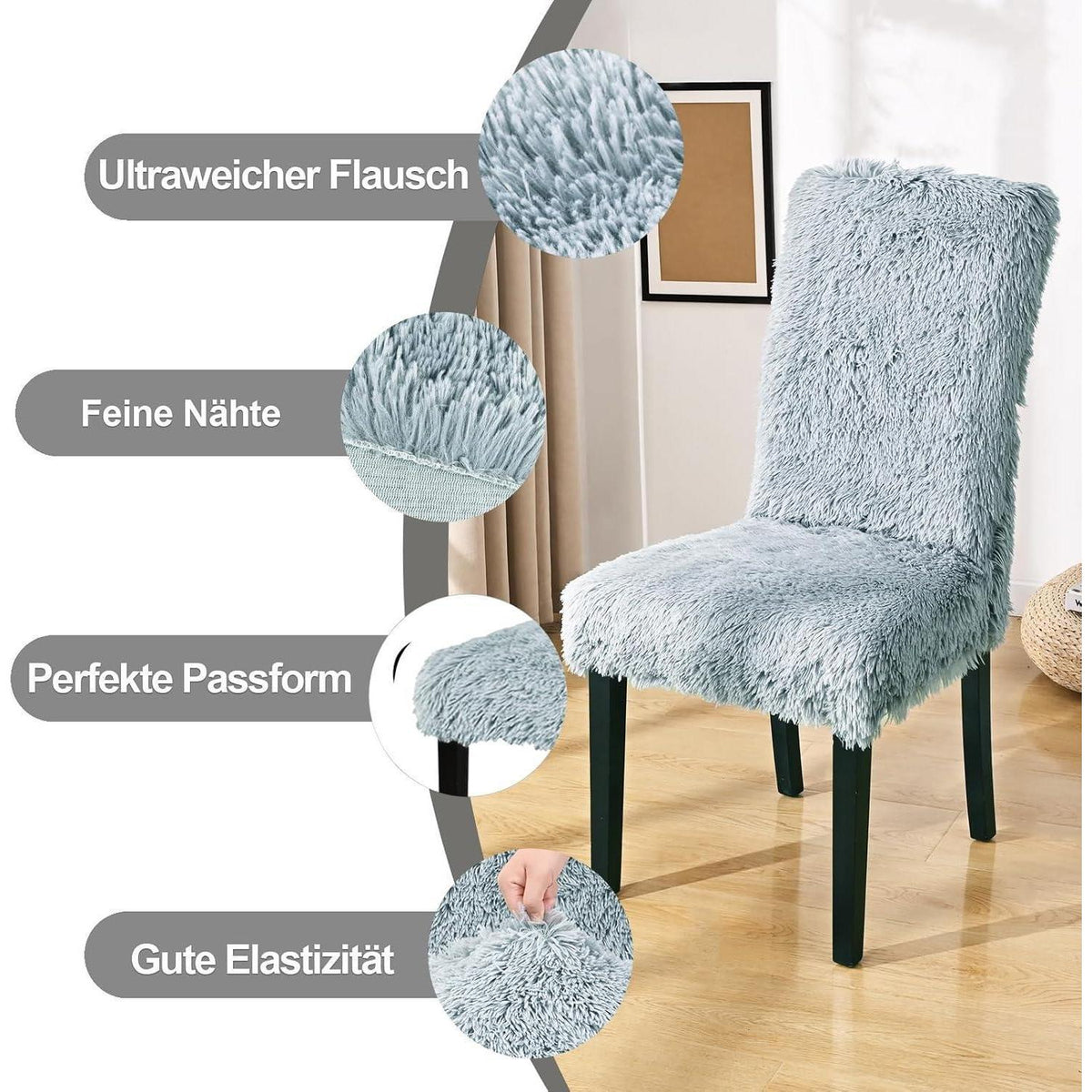 Hochflor Stuhlhussen 4er Set – Hellgrau, Stretch & Waschbar