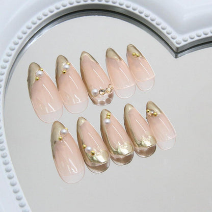 24 Kurz Nägel Aufkleben Gold Mandel mit 3D Metallic Muster