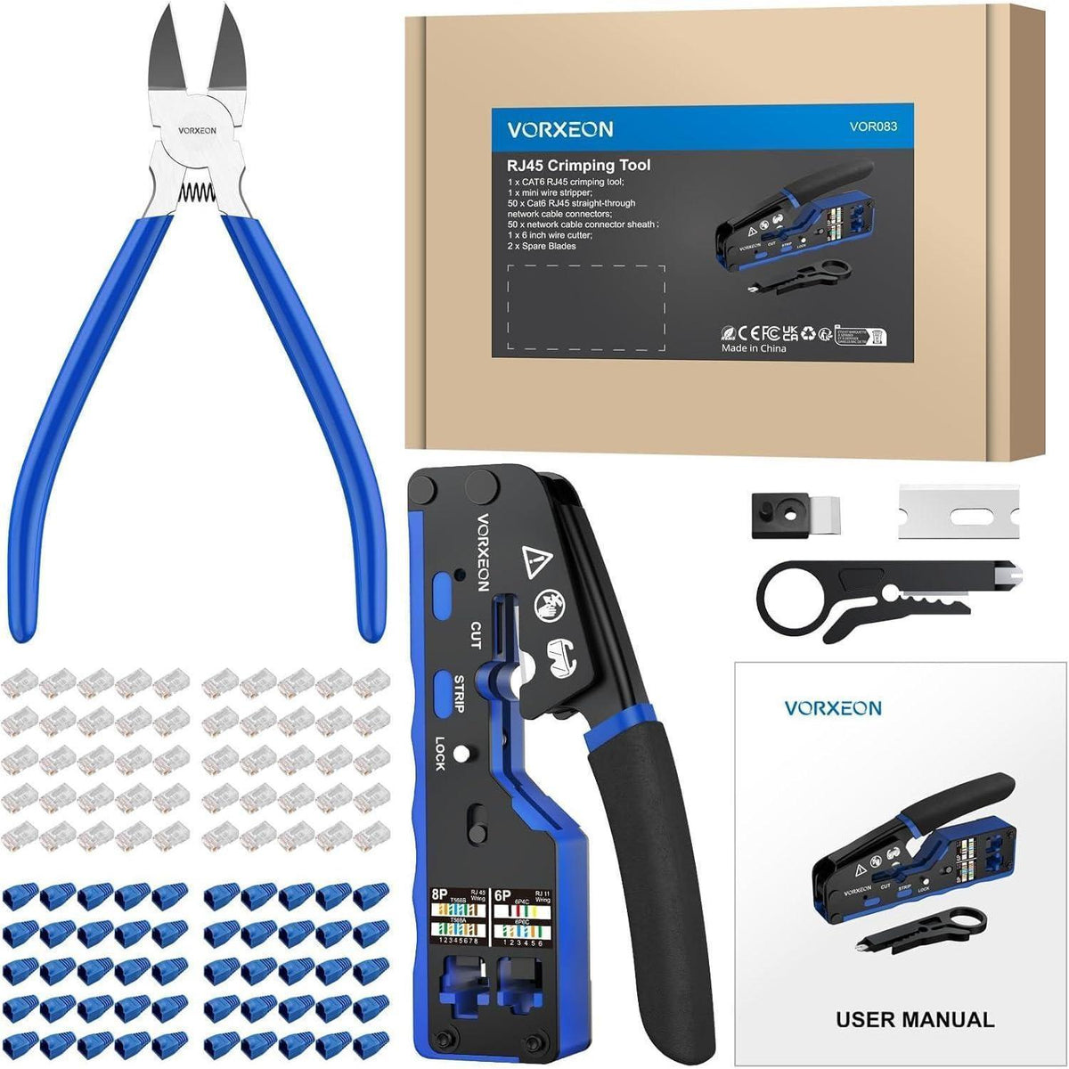 Netzwerk Crimpzange Set mit 50 RJ45 Steckern & Zubehör