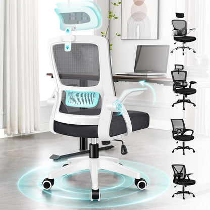 Ergonomischer Bürostuhl mit Lordosenstütze und Kopfstütze, Weiß Arco