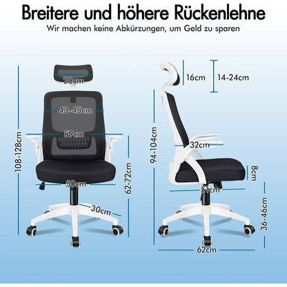 Ergonomischer Bürostuhl mit Lordosenstütze und Kopfstütze, Weiß Arco