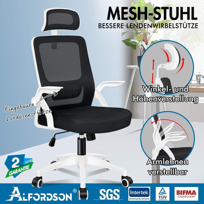 Ergonomischer Bürostuhl mit Lordosenstütze und Kopfstütze, Weiß Arco