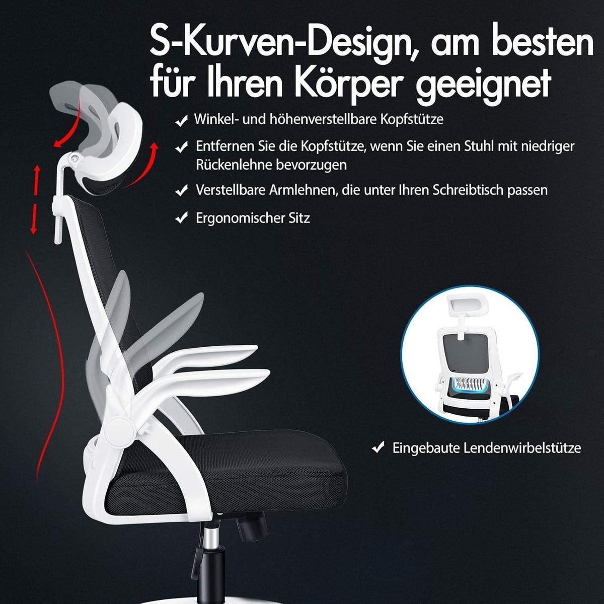 Ergonomischer Bürostuhl mit Lordosenstütze und Kopfstütze, Weiß Arco