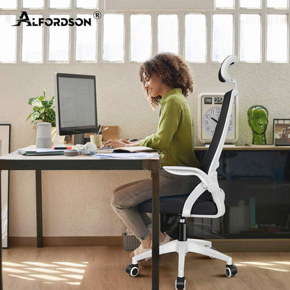 Ergonomischer Bürostuhl mit Lordosenstütze und Kopfstütze, Weiß Arco