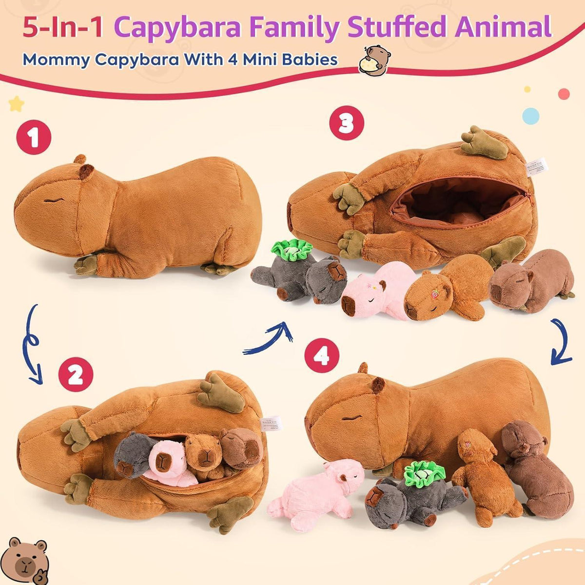 Capybara Kuscheltier Familie – 5 Stück Plüschtiere & Kissen
