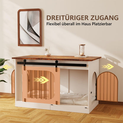 Hundebox Möbelstil Weiß/Braun – 100cm mit Matte & Schiebetüren