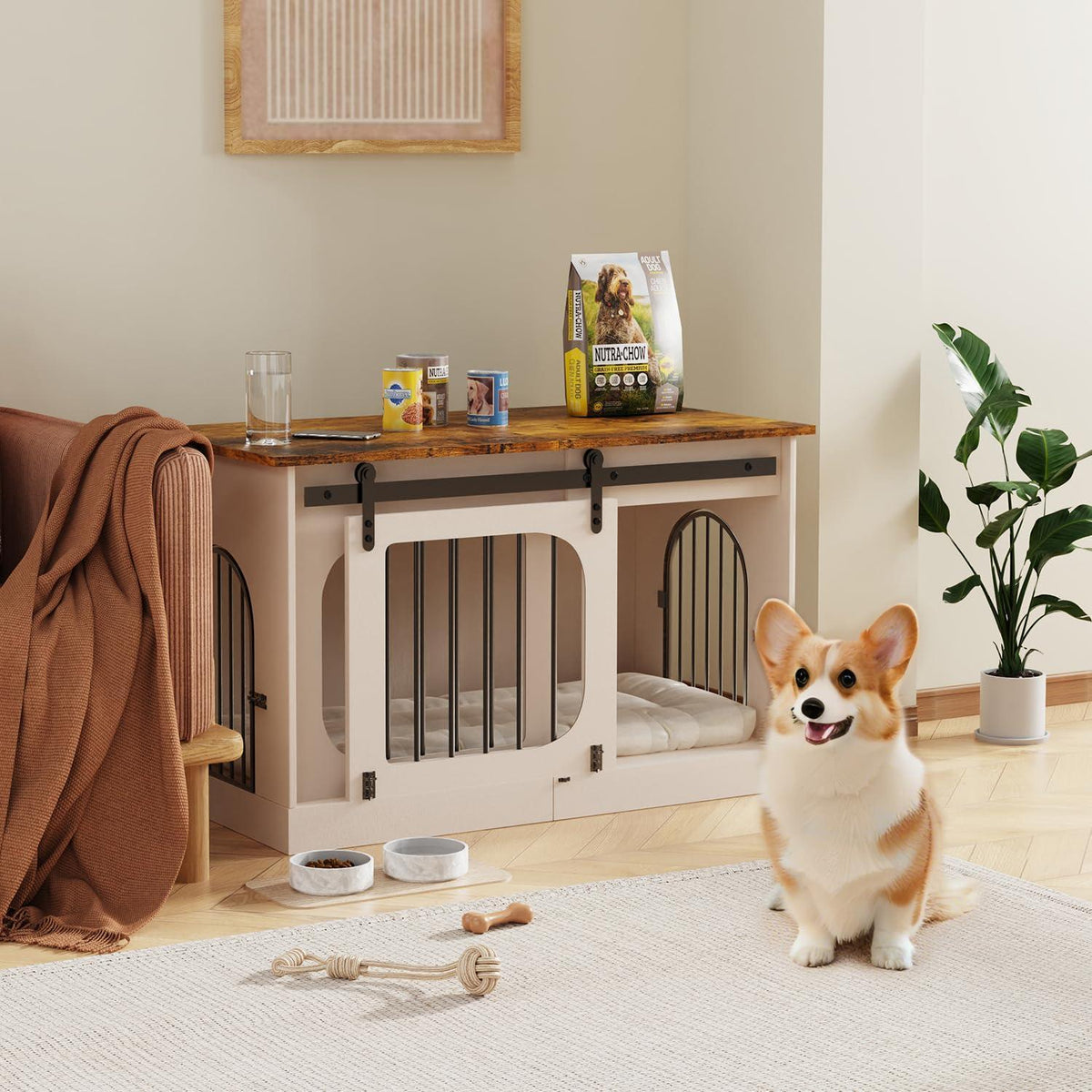 Hundebox Möbelstil Weiß/Braun – 100cm mit Matte & Schiebetüren