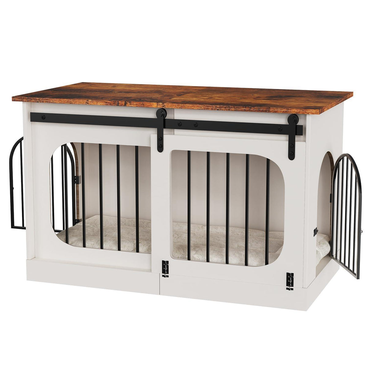 Hundebox Möbelstil Weiß/Braun – 100cm mit Matte & Schiebetüren